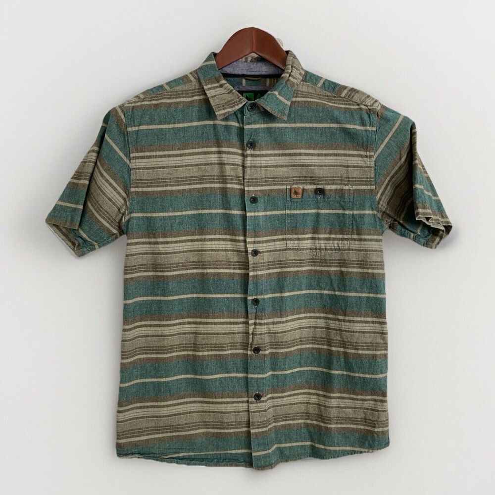 HippyTree Shirt Mens M Green Gray Stripe Pocket Short Sleeve Cotton Gorpcore Tee